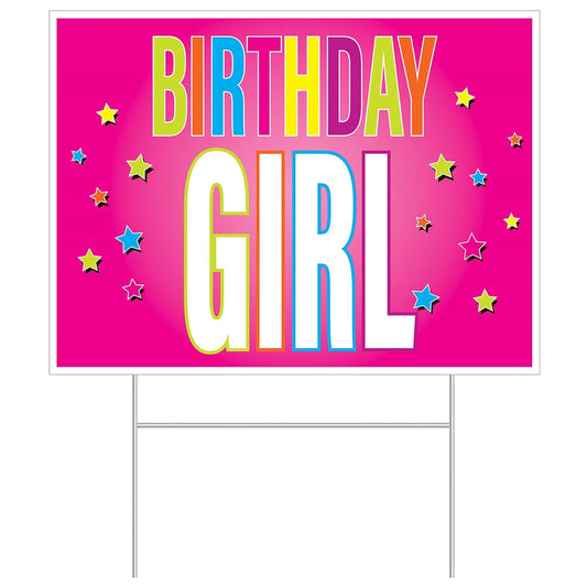 Beistle Plastic Birthday Girl Yard Sign With Stake Outdoor Lawn Party Decorations, 11.5" x 15.5", Multicolored