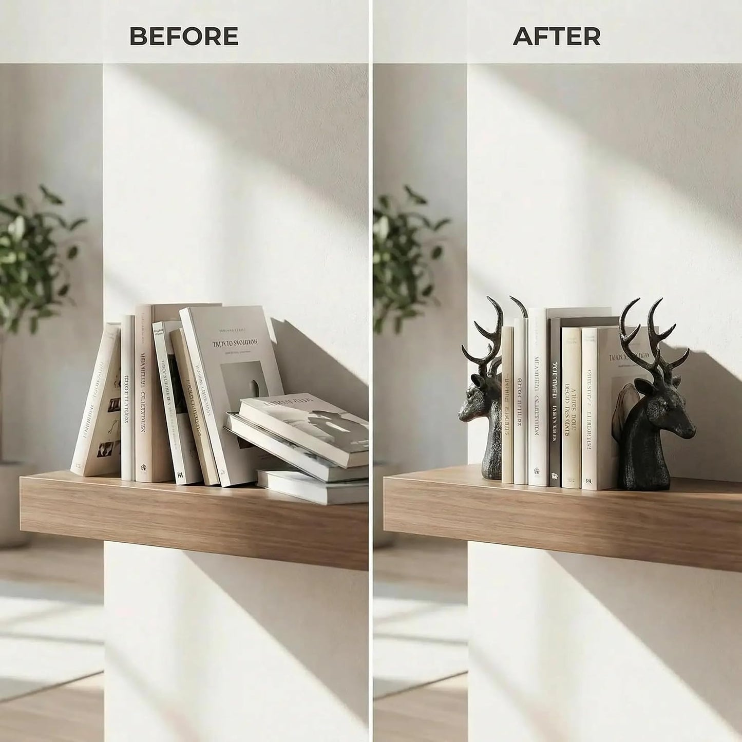 Comfy Hour Farmhouse Collection Resin Set Of 2, Deer Head Art Bookends, Solid Heavy Weight, Black