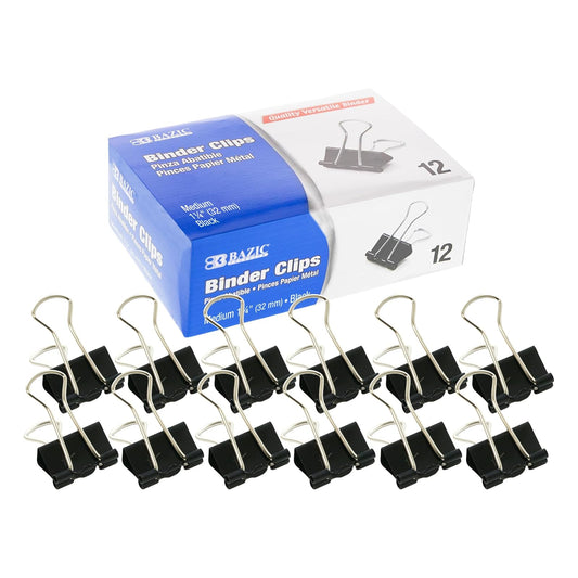 BAZIC Binder Clips Medium 1 1/4" (32mm) Black, Paper Clamps Paper Clip, Paperclips for Office School Supplies Home Kitchen (12/Pack), 1-Pack