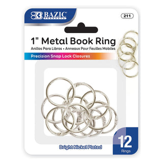 BAZIC 1 Inch Silver Metal Book Rings, Loose Leaf Binder Book Flash Cards Keychain Flashcards Index Card Key Ring for School Home Office (12/Pack), 1-Pack