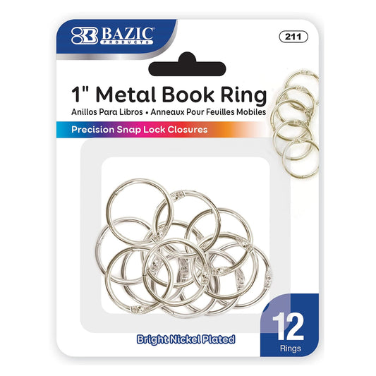 BAZIC 1 Inch Silver Metal Book Rings, Loose Leaf Binder Book Flash Cards Keychain Flashcards Index Card Key Ring for School Home Office (12/Pack), 1-Pack