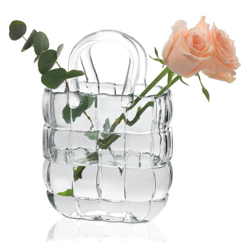 ComSaf Glass Purse Vase for Flowers, Handbag Clear Vase for Decor, Unique Flower Vase Modern Vase Gift for Women, Decorative Vases for Home Decor Table Decor Floral Arrangement Centerpieces