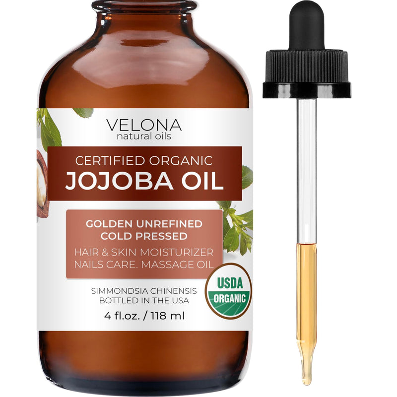 velona Jojoba Oil USDA Certified Organic - 4 oz (With Dropper) | Golden, Unrefined, Cold Pressed | Hexane Free