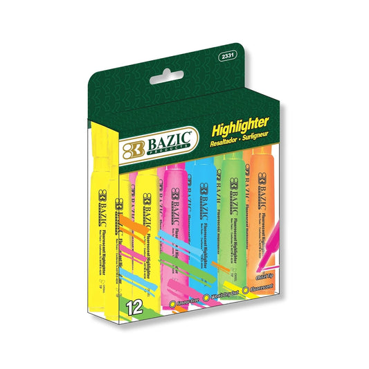 BAZIC Highlighter Assorted Color Desk Style, Chisel Tip Broad Fine Line Highlighters, Unscented Highlighting Coloring Marker (12/Pack), Total 12-Count