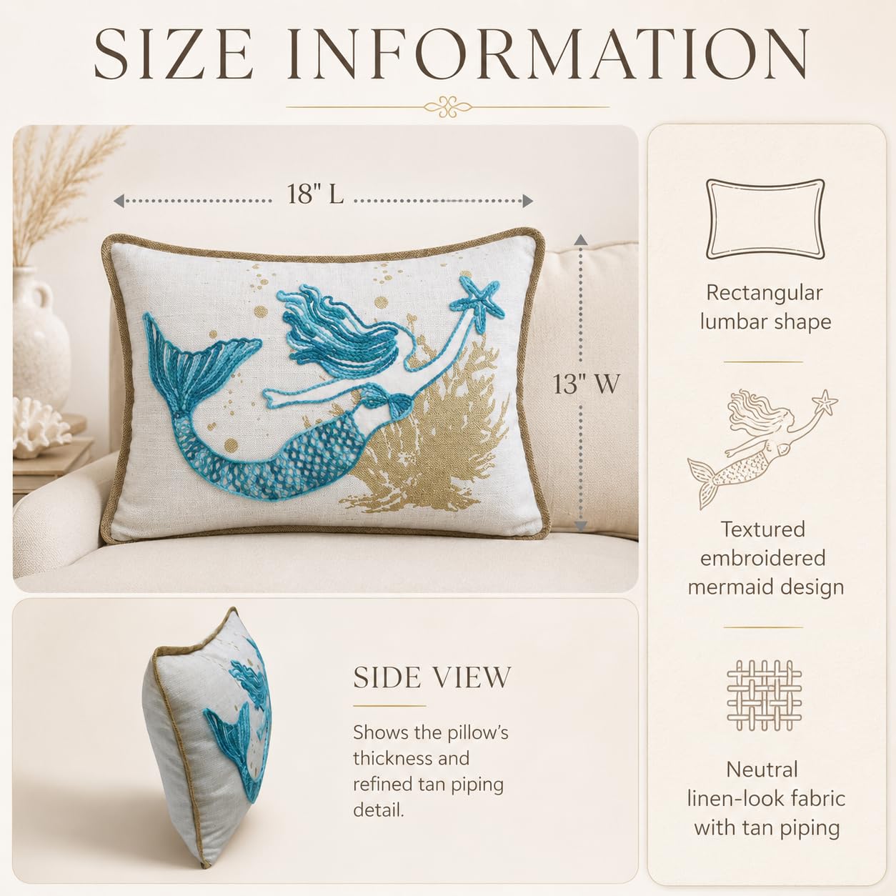 Comfy Hour 18 x 13 Inch Mermaid Pillow, Starfish Coastal Decor