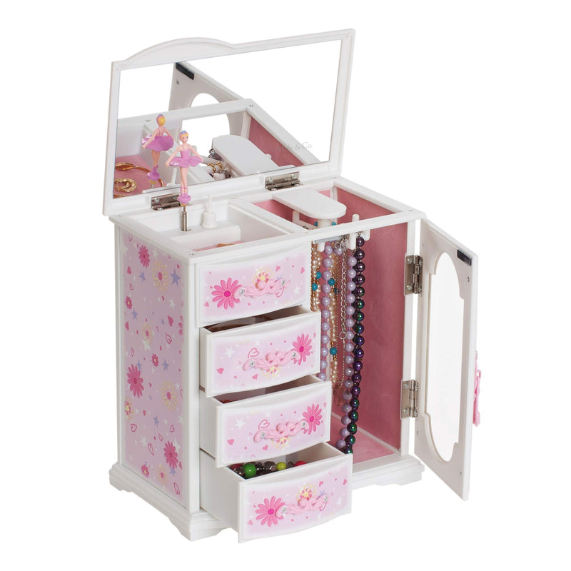 Mele and Co. Since 1912 Hyacinth Original Twirling Ballerina Pink and White Floral Painted Musical Jewelry Box Multi Drawer Organizer for Girls