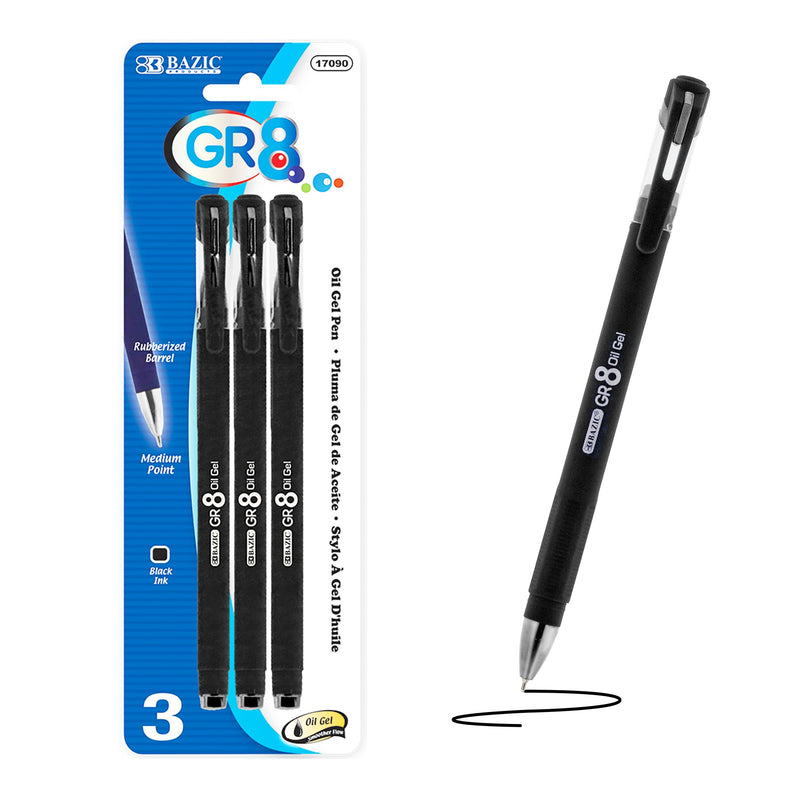 BAZIC GR8 Black Oil-Gel Ink Pen w/Rubberized Barrel (3/Pack), 1-Pack