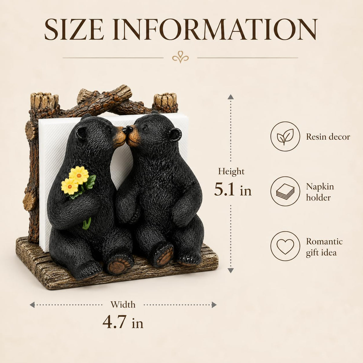 Comfy Hour 5.1 Inch Bear Napkin Holder, Kissing Black Bears