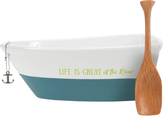 Pavilion Gift Company Life Is At The River - Boat Shaped Dip Serving Bowl With Bamboo Scoop And Removable Anchor Keychain, 7", Blue