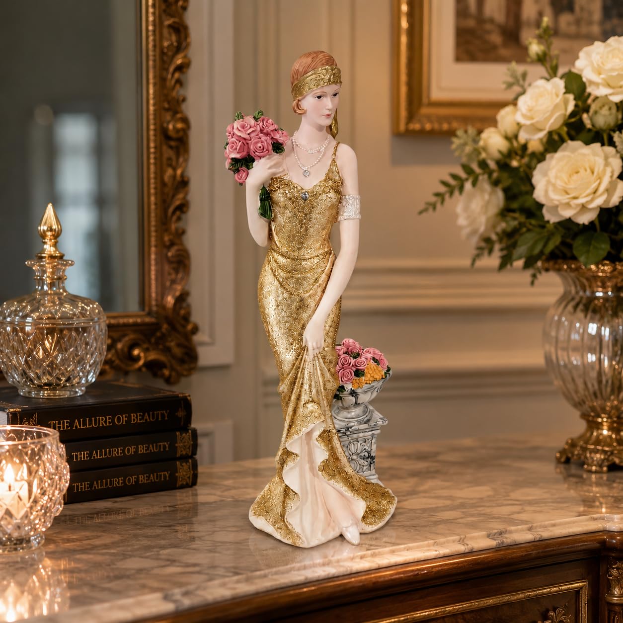 Comfy Hour 13 Inch Victorian Lady Figurine, Art Deco Gold Dress Statue