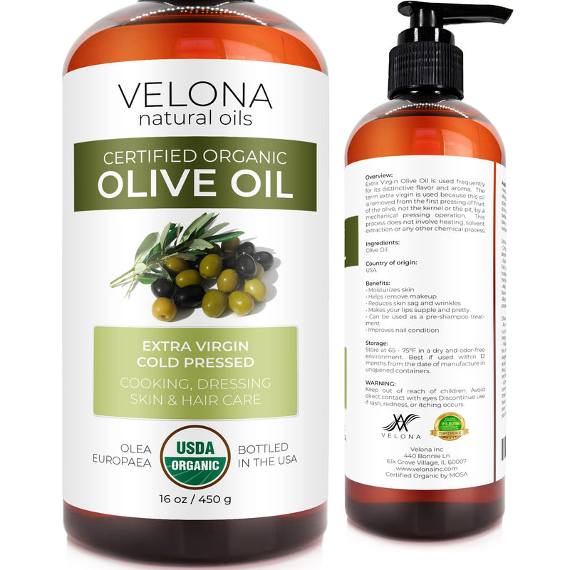 Velona USDA Certified Organic Olive Oil - 16 oz | 100% Pure and Natural Carrier Oil | Extra Virgin, Unrefined, Cold Pressed