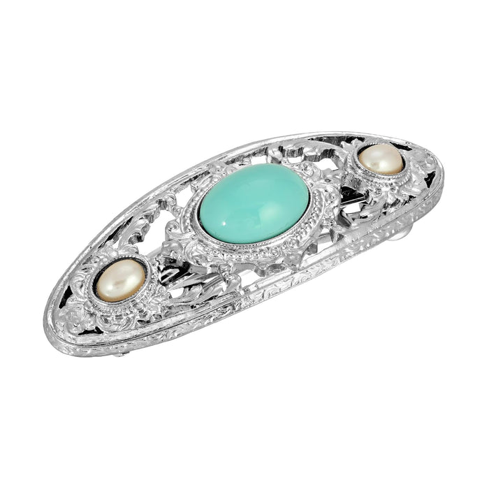 1928 Jewelry Women Faux Turquoise Hair Barrette With Costume Pearl And Filigree Silver Tone Details