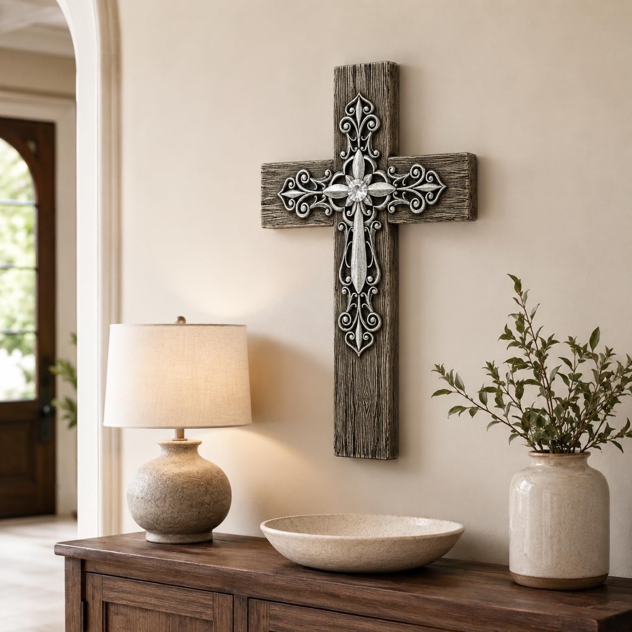 Comfy Hour 14.5 Inch Cross for Wall, Rustic Wood Look Wall Cross, 1 Piece