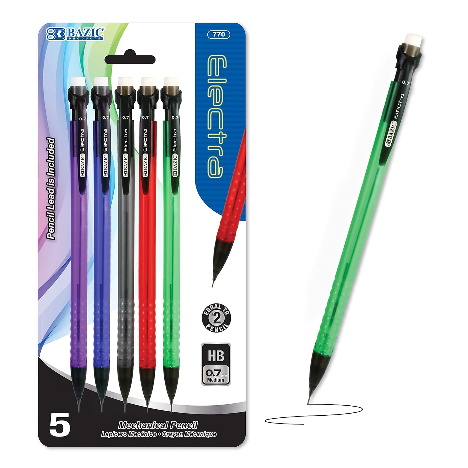 BAZIC Mechanical Pencil Electra 0.7mm, Smooth Writing Pencils Lead, Latex Free Eraser, for Drafting Drawing Sketching (5/Pack), 1-Pack