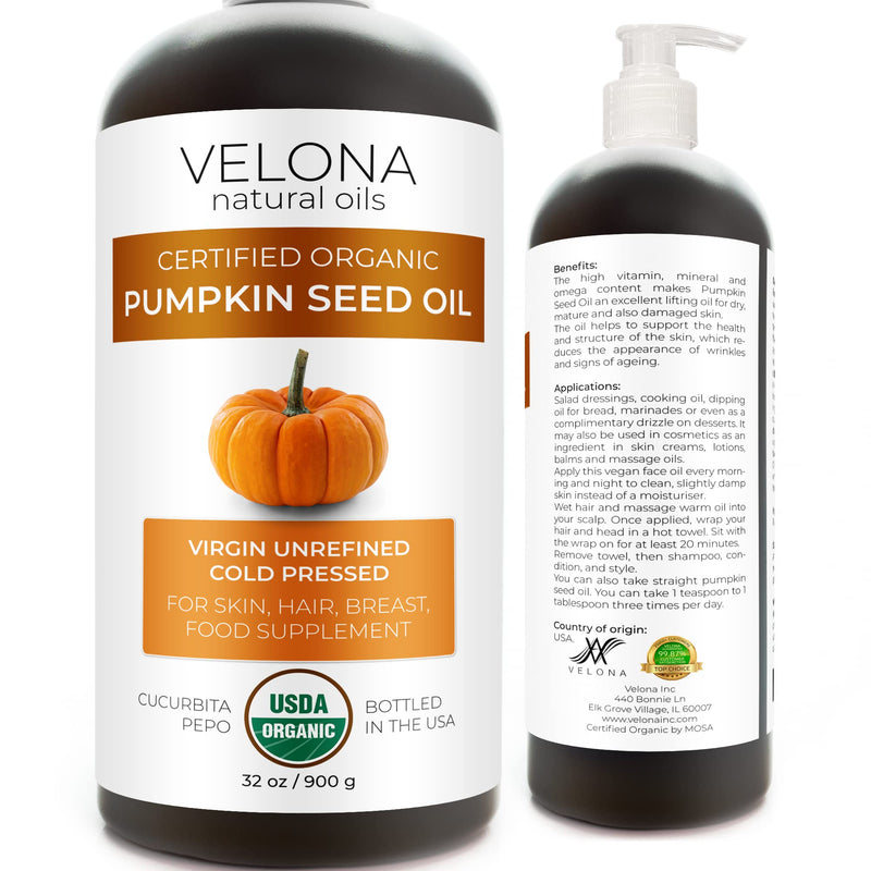 velona Pumpkin Seed Oil USDA Certified Organic - 32 oz | 100% Pure and Natural Carrier Oil | Unrefined, Cold Pressed | Cooking, Face, Hair, Body & Skin Care | Use Today - Enjoy Result