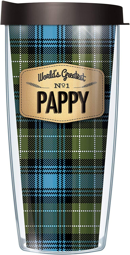 Freeheart Signature Tumblers World's Greatest No. 1 Pappy Wrap on Blue Flannel 16 Ounce Double-Walled Travel Tumbler Mug with Black Easy Sip Lid