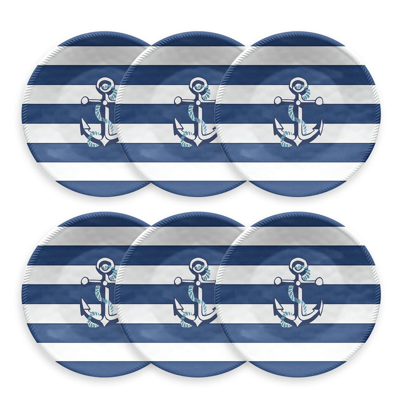 TarHong Nautical Anchor Salad Plate, 8.5", Pure Melamine; Navy and White, Set of 6
