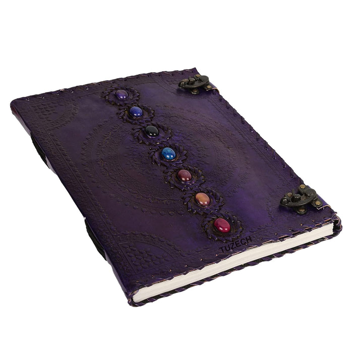 TUZECH Seven Chakra Medieval Stone Embossed Handmade Jumbo Leather Journal Book of Shadows Notebook Office Diary College Poetry Sketch (Purple, 13 Inches)