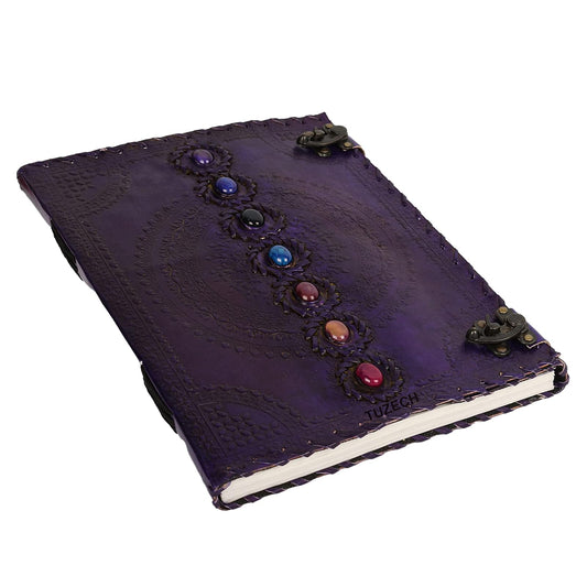 TUZECH Seven Chakra Medieval Stone Embossed Handmade Jumbo Leather Journal Book of Shadows Notebook Office Diary College Poetry Sketch (Purple, 18 Inches)