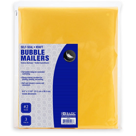 BAZIC (#2) Self Sealing Bubble Mailers, 8.5 x 11.25 Inch, 3 Per Pack