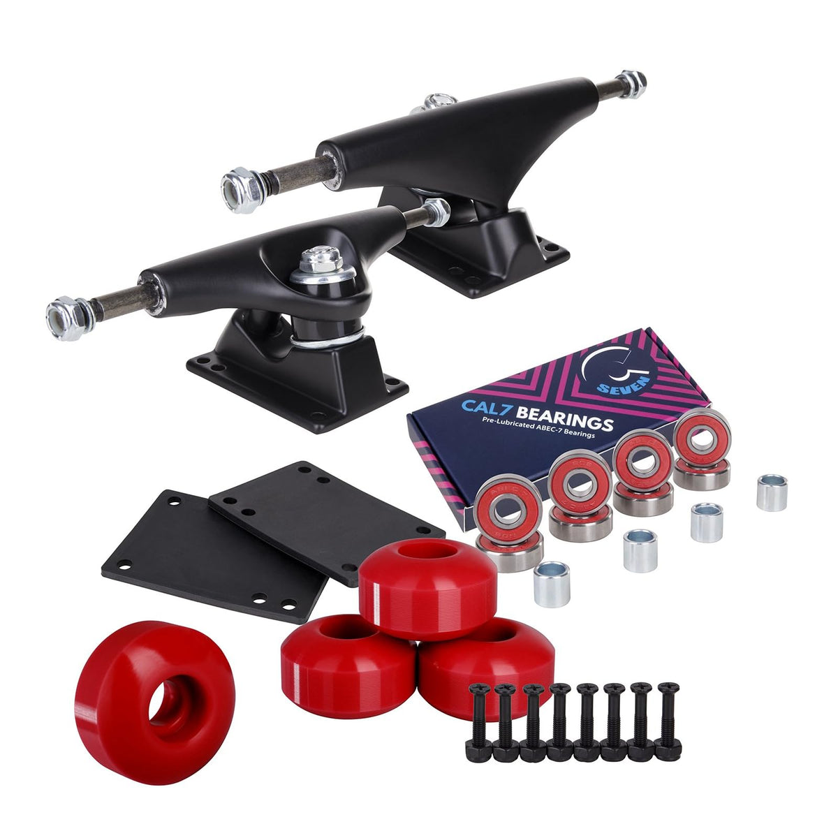 Cal 7 Skateboard, 5.25 inch trucks, Black Truck + Red Wheels