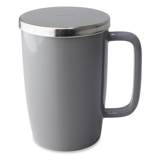 FORLIFE Dew Glossy Finish Brew-In-Mug with Basket Infuser & "Mirror" Stainless Lid 18 oz., Gray