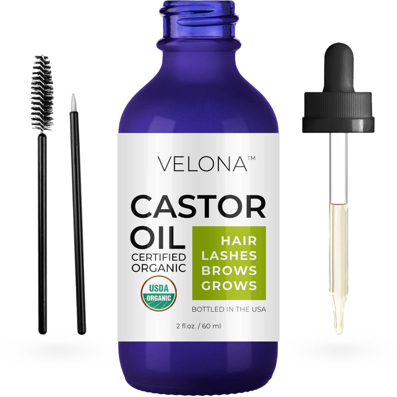 velona USDA Certified Organic Castor Oil - 2 oz | Stimulate Growth Eyelashes, Eyebrows, Hair | Cold pressed, Natural Oil, USP Grade | Hexane Free, Lash Boost Serum, Caster | Starter Kit.