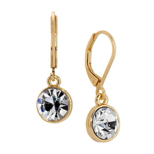 1928 Jewelry "Best Of Times" Round Clear Crystal Bezel Drop Earrings For Women, 14K Gold Dipped Minimalist Cute & Dainty