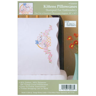 Design Works Crafts Tobin Stamped Pillowcases, Kittens in Basket, 20" x 30" Embroidery Kit, White