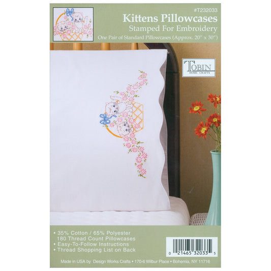 Design Works Crafts Tobin Stamped Pillowcases, Kittens in Basket, 20" x 30" Embroidery Kit, White