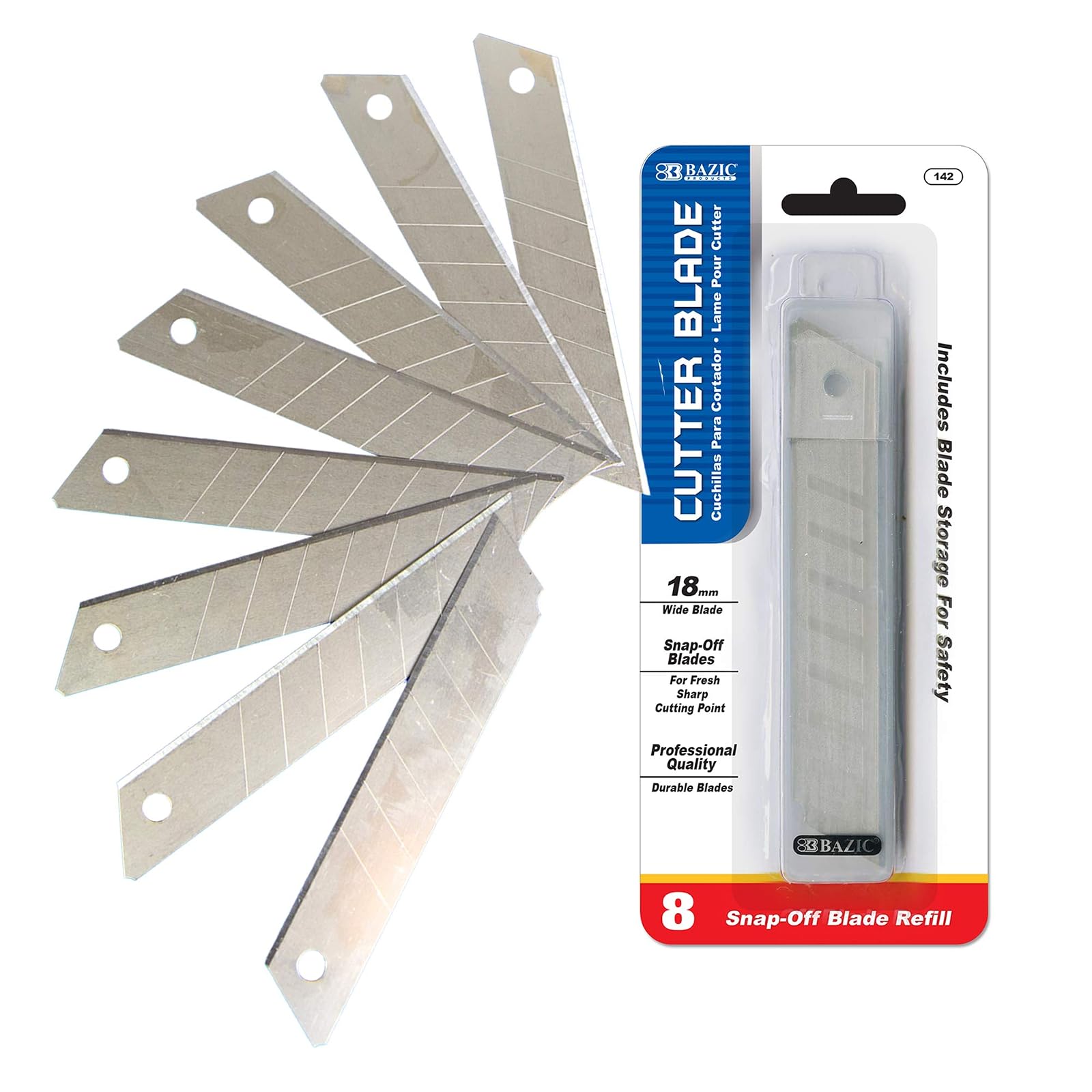 BAZIC 18mm Replacement Blades Utility Knife Cutter, in Tube Storage Box, Heavy-Duty - Cardboard Boxes, Warehouse Office (8/Tube), 1-Pack