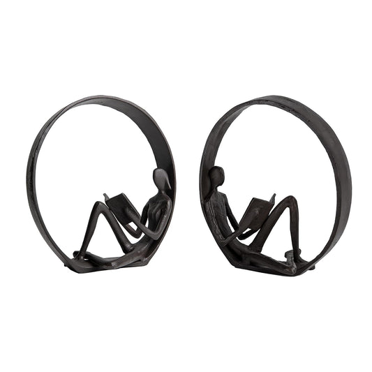 Danya B. Contemporary Encircled Male & Female Reader Cast Iron Sculpture Bookend Statues (Set of Male and Female)