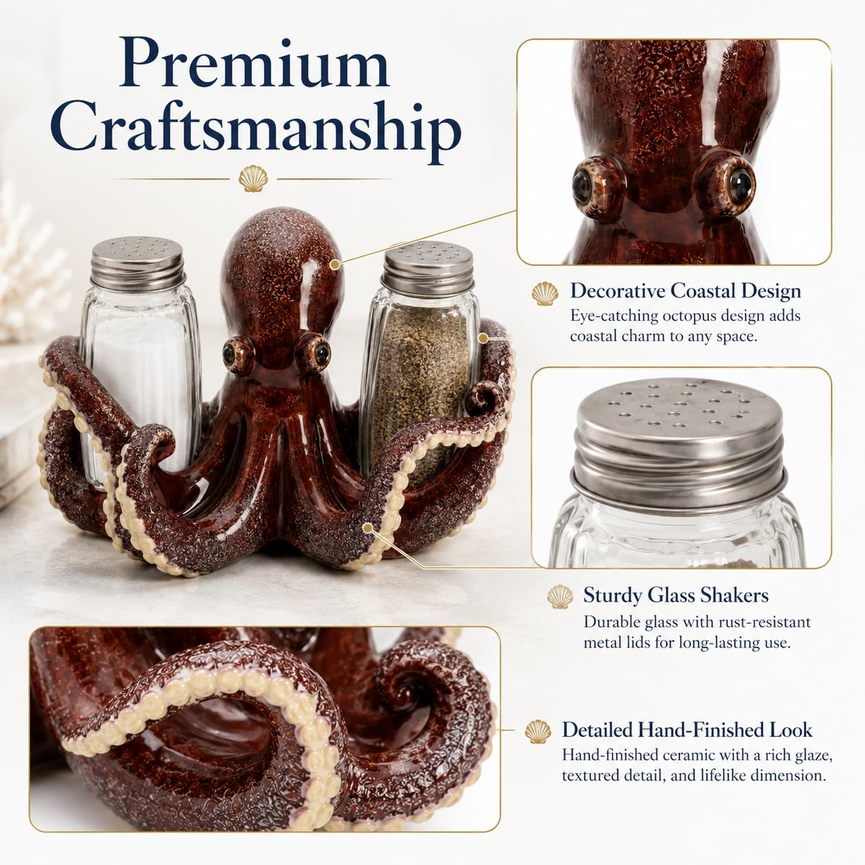 Comfy Hour 6 Inch Octopus Salt and Pepper Shakers, Red Holder