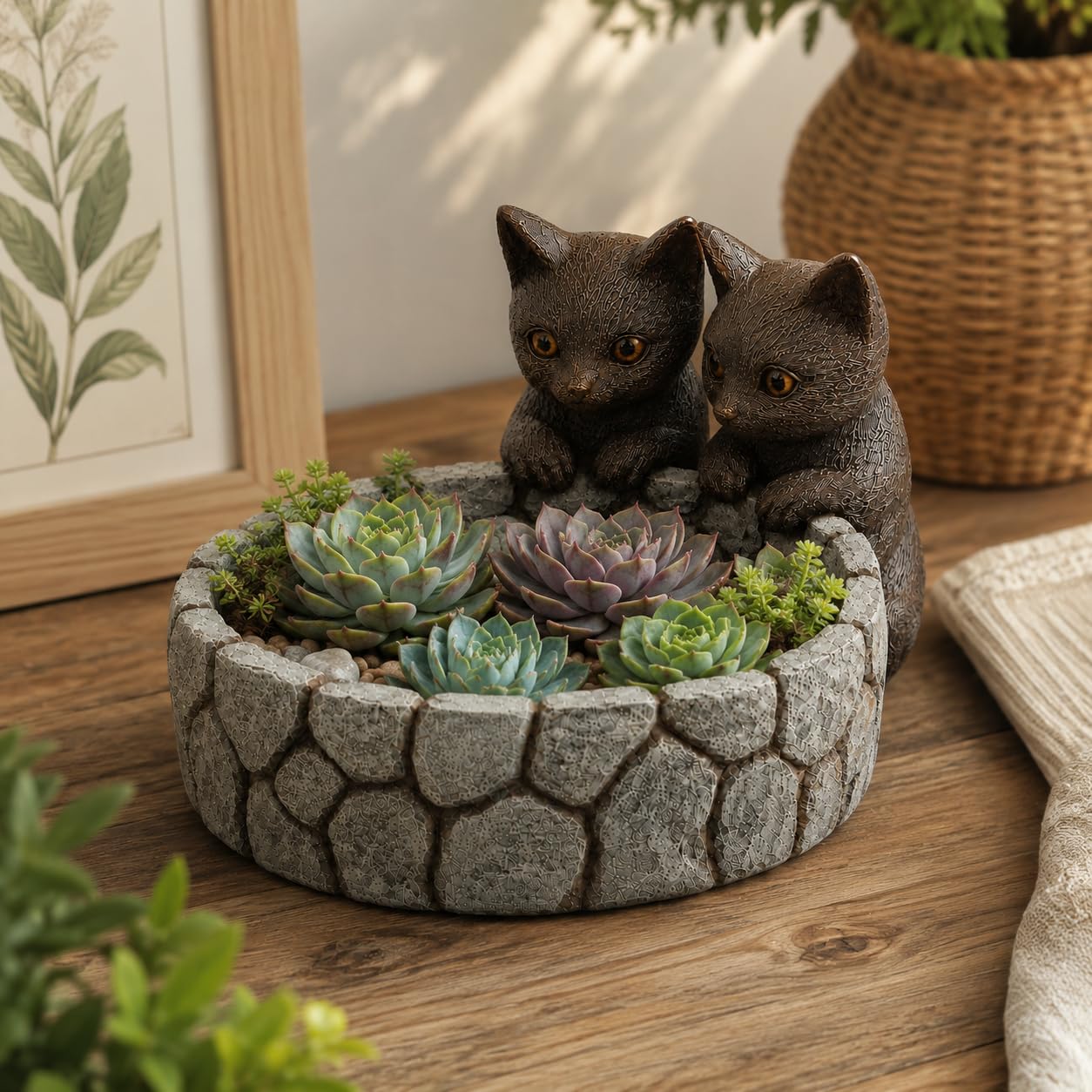 Comfy Hour Farmhouse Home Decor Collection Polyresin Two Cats Succulent Planter Flower Bud Pot Mini Decorative Vase, Small Plant Container
