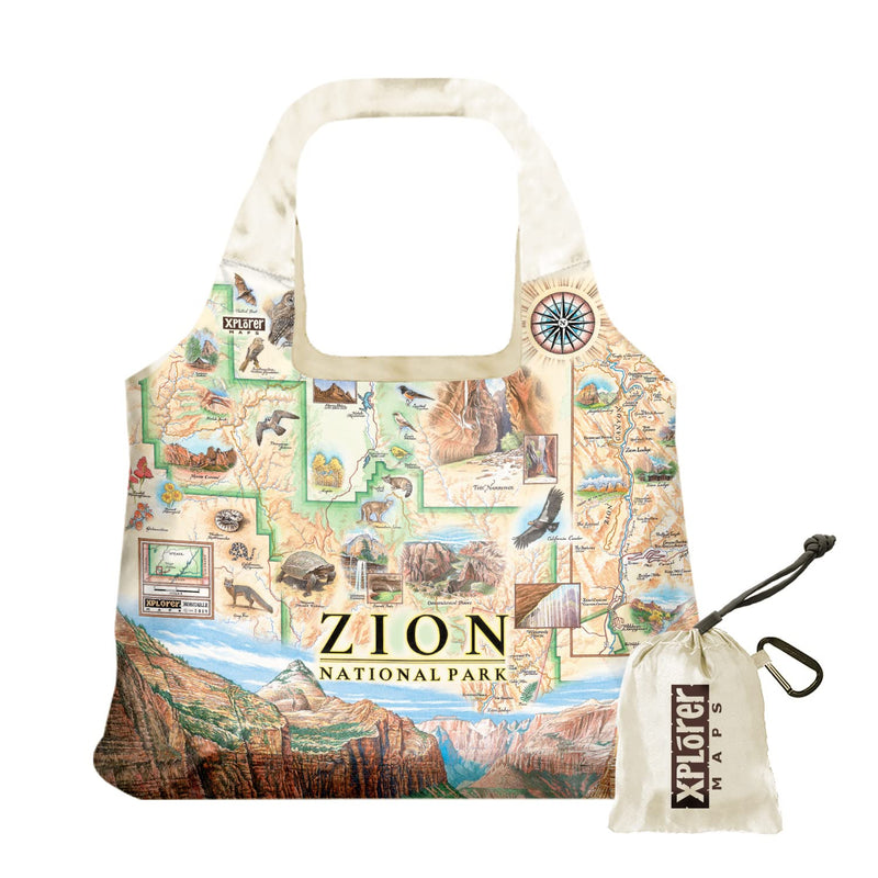 Xplorer Maps Zion National Park Map Pouch Tote with Handles - Grocery Shopping Bag - Reusable & Eco-friendly - Foldable Nylon - Heavy Duty Fits in Pocket - 18x25