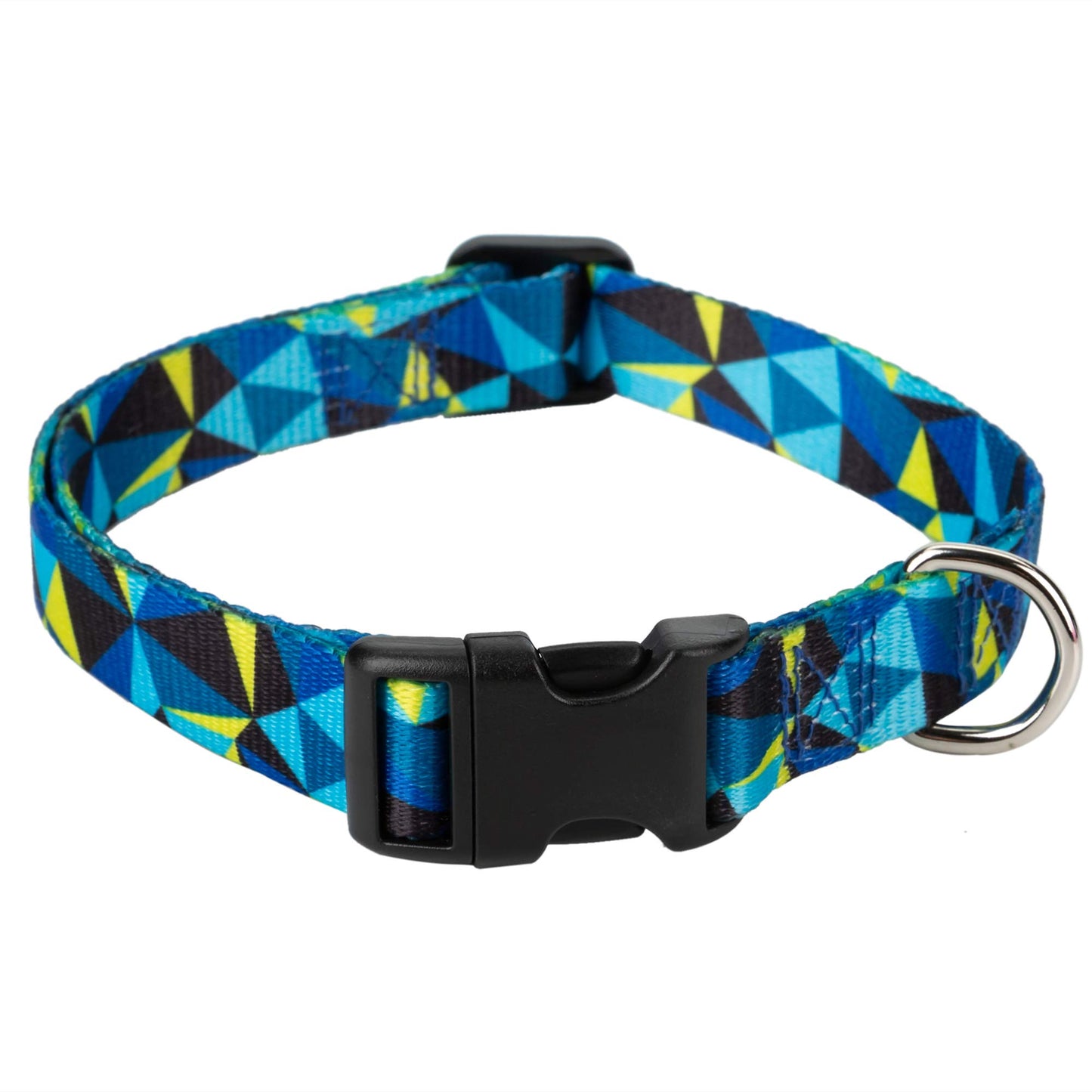 Mile High Life Dog Collar | Cute Puppy Collars | Lightweight Girl Dog Collar | Soft Boy Dog Collars | w Geometric Ocean Wavy Pattern (Blue/Yellow Plaid, Small)