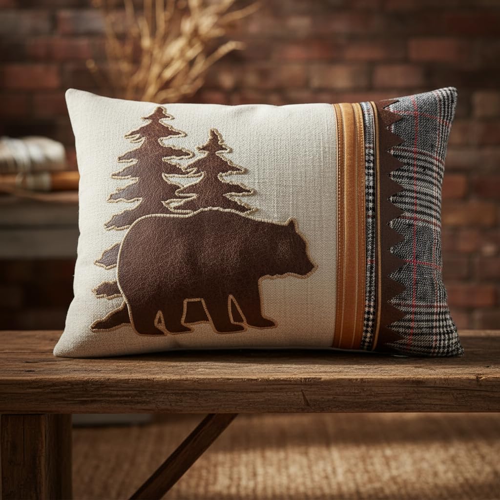 Comfy Hour 18 x 13 Inch Bear Pillow, Plaid Cabin Lumbar Throw Pillow