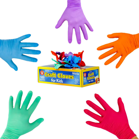 Hygloss Products Craft Gloves for Kids - Nitrile Latex-Free Protect Your Hands-Multiple Uses-Disposable-5 Assorted Colors-100 Pack, 100 Count