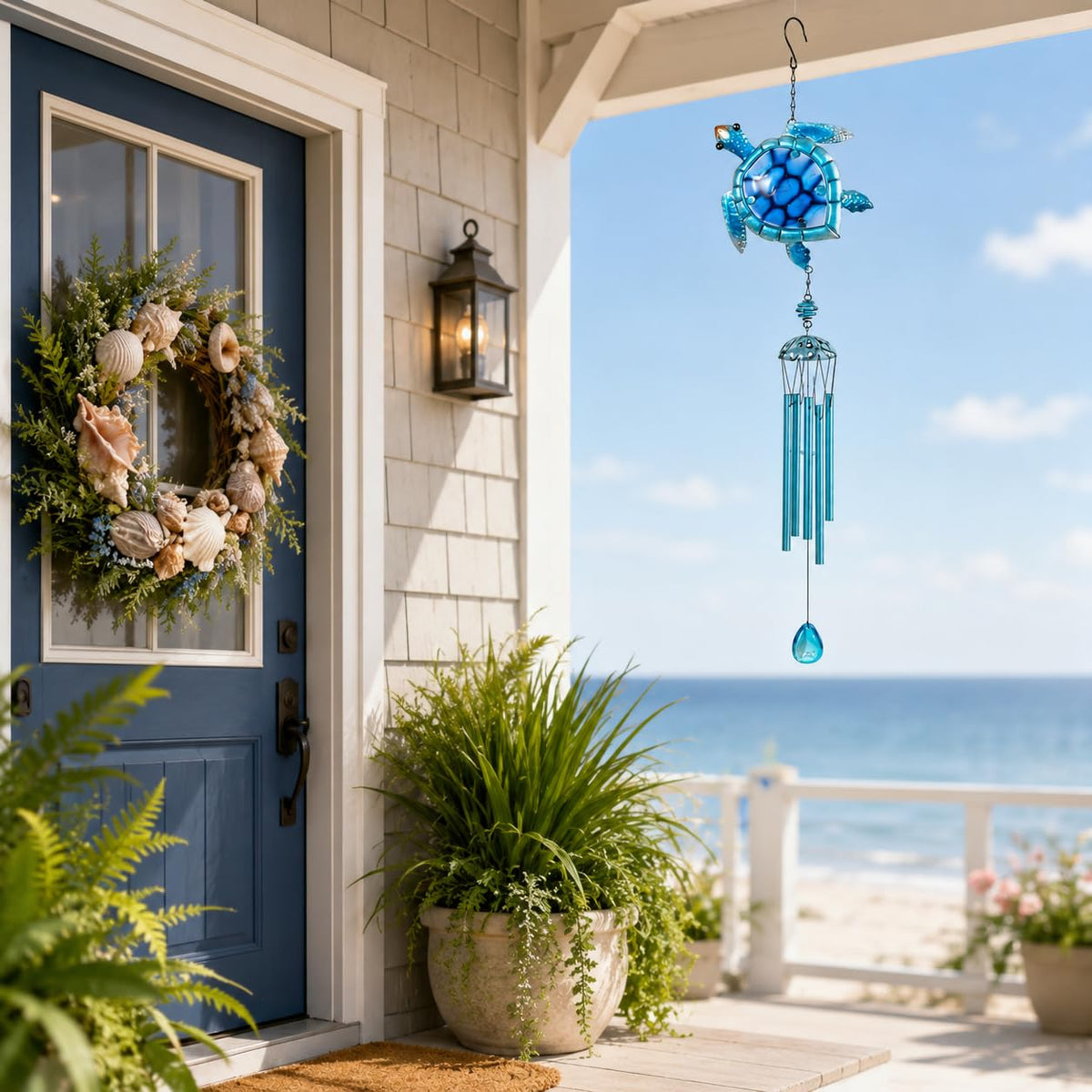 Comfy Hour Ocean Voyage with Sea Turtles Collection Metal Art 35" Turtle Ocean Wild Animal Windchime Hanging Windbell Blue
