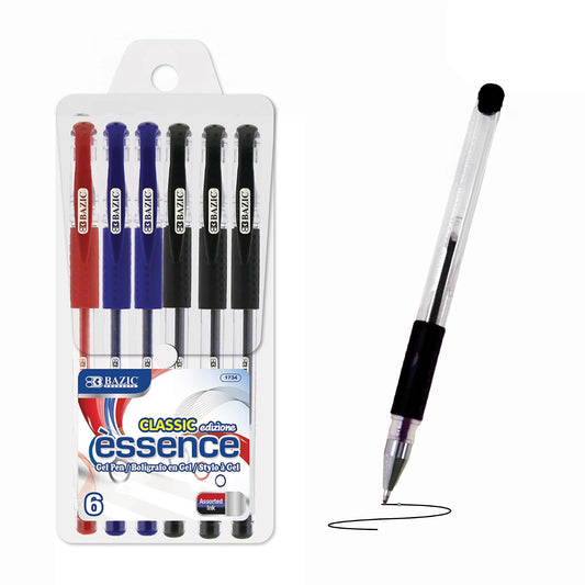 BAZIC Essence Gel-Pen with Cushion Grip, Assorted, 6 Per Pack