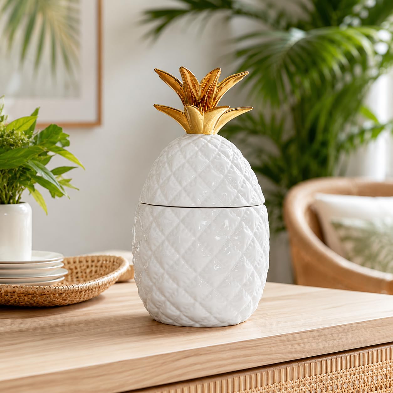 Comfy Hour Farmhouse Home Decor Collection 9" Pineapple Storage Jar Candy Jar Cookie Jar With Lid, High Gloss White and Gold Stoneware