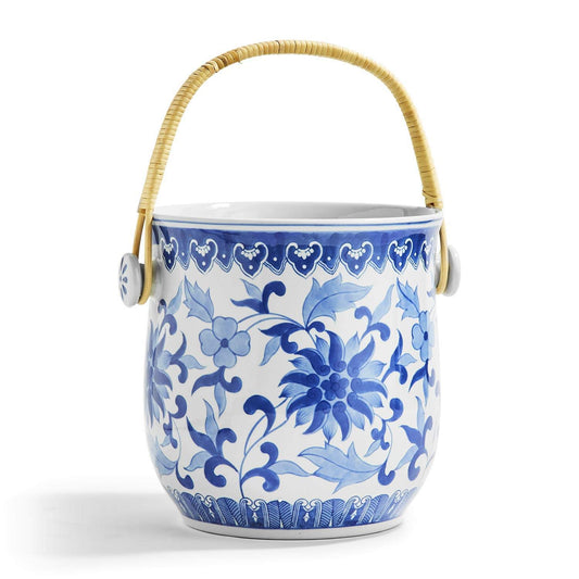 Two's Company 53279 Canton Collection Cooler Bucket with Woven Cane Handle, 14-inch High, Blue