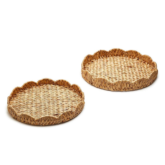 Two's Company Scalloped Edge Round Tray Set of 2 - Water Hyacinth
