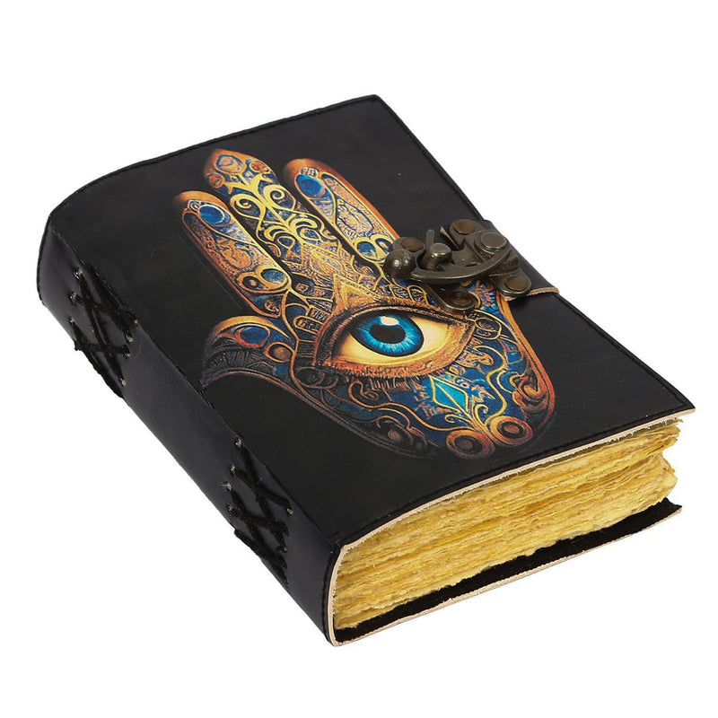 TUZECH Book of Spells Leather Bound Journal Deckle Edge Paper Grimoire Printed Diary Third Eye Notebook Spiral Gothic Notebook Antique Vintage Book for Men and Women (The Khamsa Symbol)