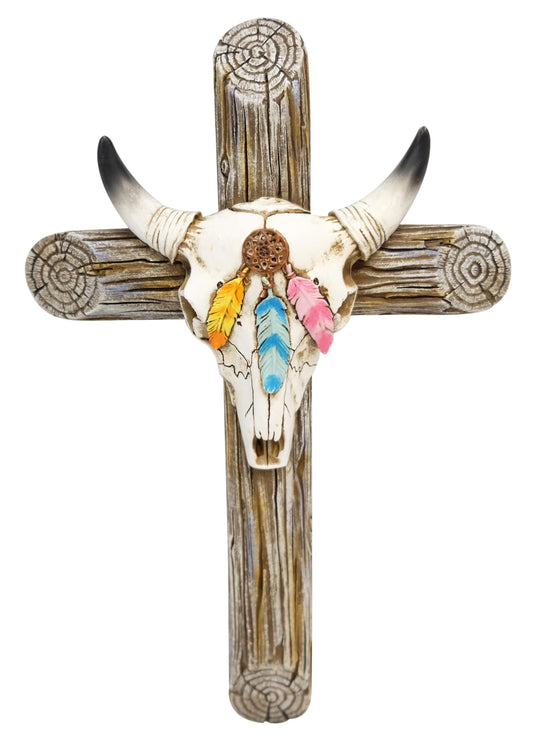 De Leon Collections Polyresin Rustic Tribal Cow Skull Southwestern Farmhouse Feather Accent Hanging Wall Cross Décor