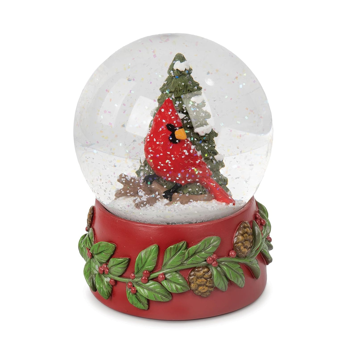 Blossom Bucket Snow Globe, Cardinal, Holly, Pine Cone, Traditional
