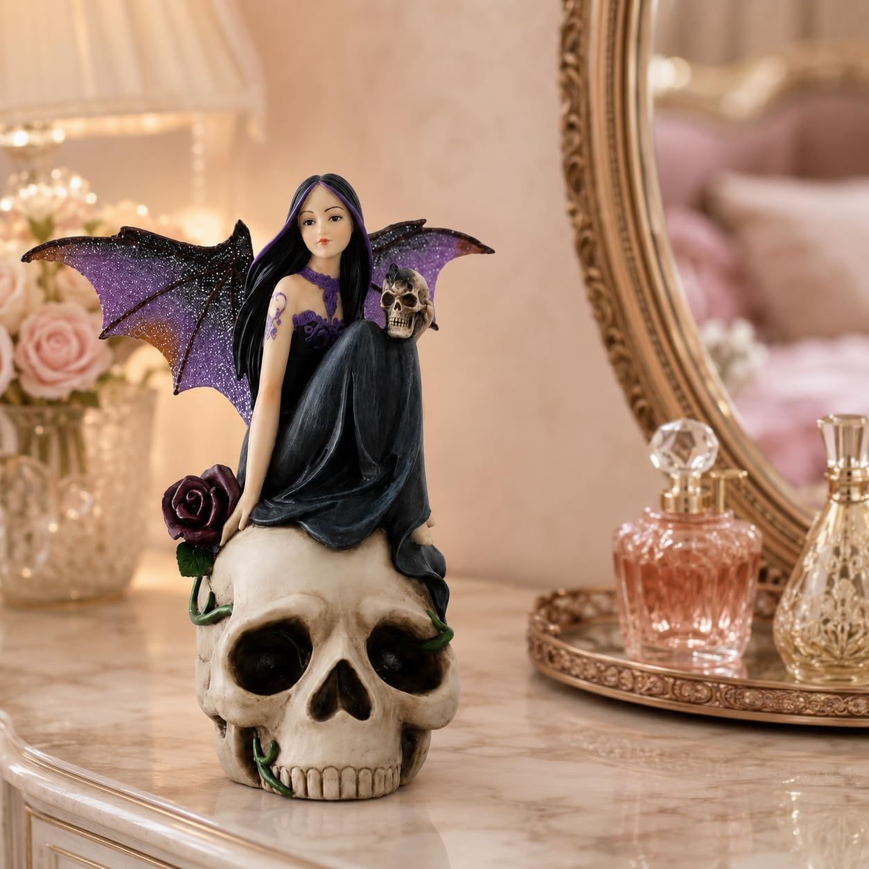 Comfy Hour 7 Inch Fairy Figurine, Dark Fairy Statue with Skull