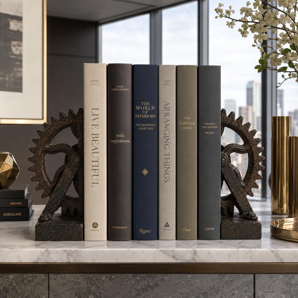Comfy Hour Farmhouse Home Decor Collection Resin Set 2 Wheel Gear Bookends Art Bookends Solid Heavy Weight, Brown & Black