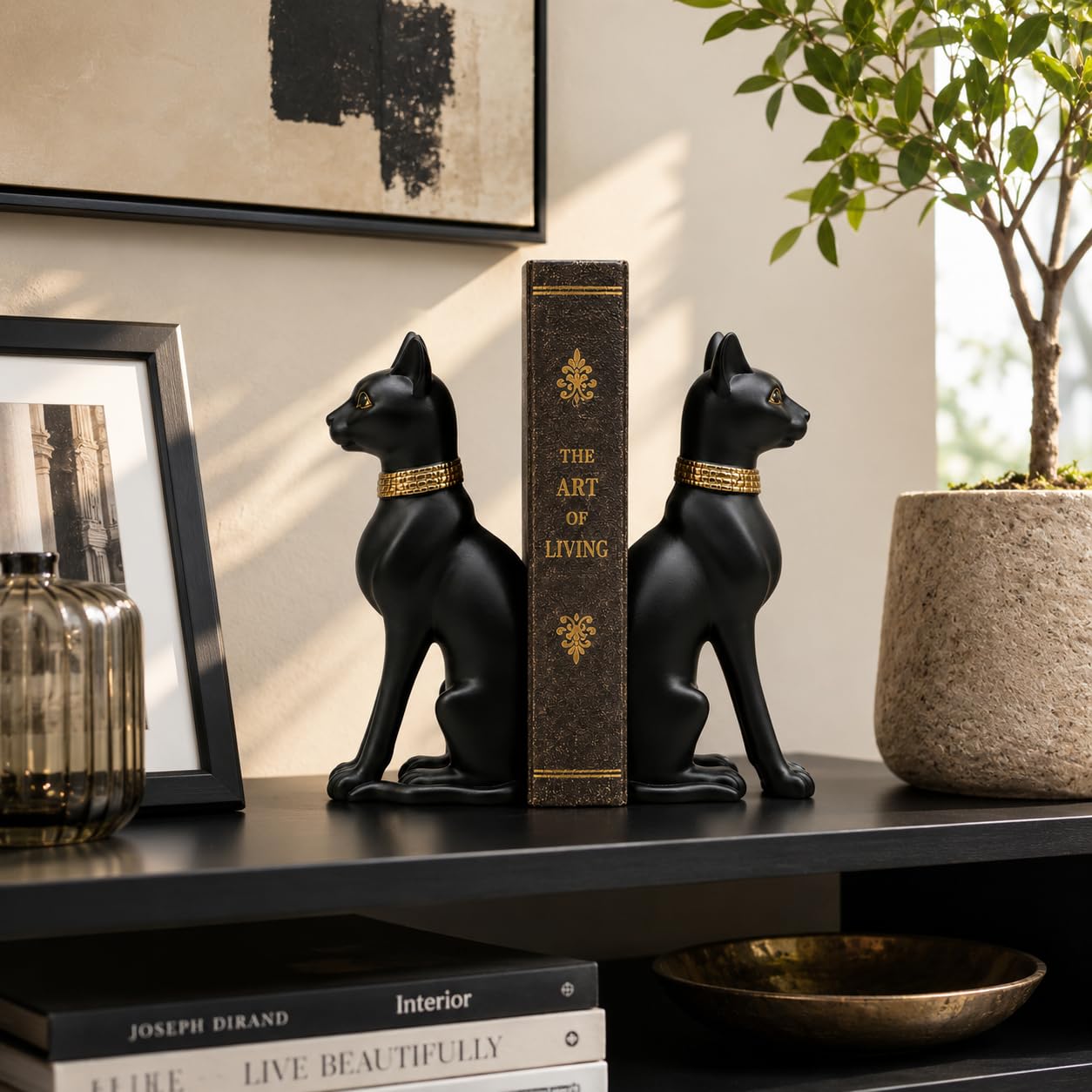 Comfy Hour Farmhouse Home Decor Collection Polyresin Solid Heavy Set of L/R Egyptian Cats Art Bookends, 1 Pair, Black