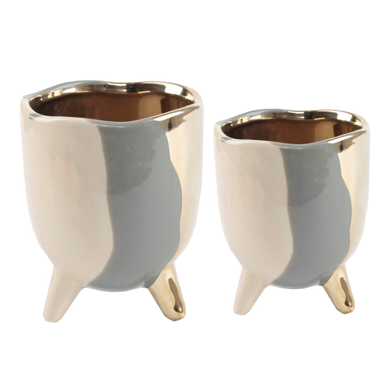 Flora Bunda Set of 2 Mini Succulent Pot Metalic 3-Tone Ceramic Planter with Legs,4 Inch & 3 Inch,Grey